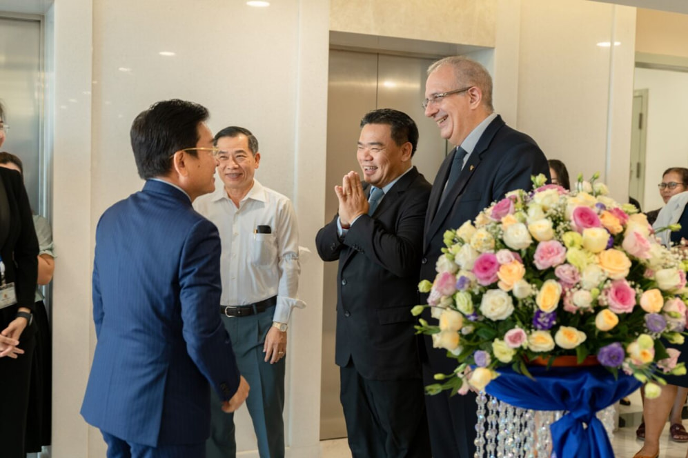 H.E Dr. Kun Nhem, Mr. Arnaud DARC, and Mr. Luu Meng at the launch of the Santipheap Food Court - Thalias Hospitality Group