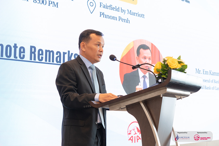 Em Kamnan, Deputy Director General of the National Bank of Cambodia, speaking at AmCham Cambodia's 2024 Bancassurance event