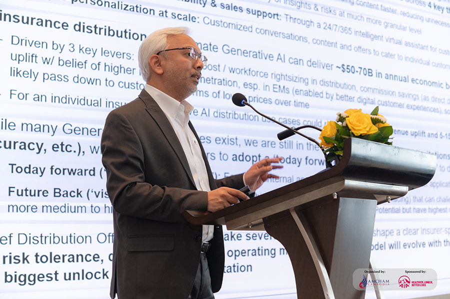 Mohan Jayaraman, Partner at Bain & Company, speaking at the AmCham workshop on Bancassurance in Cambodia