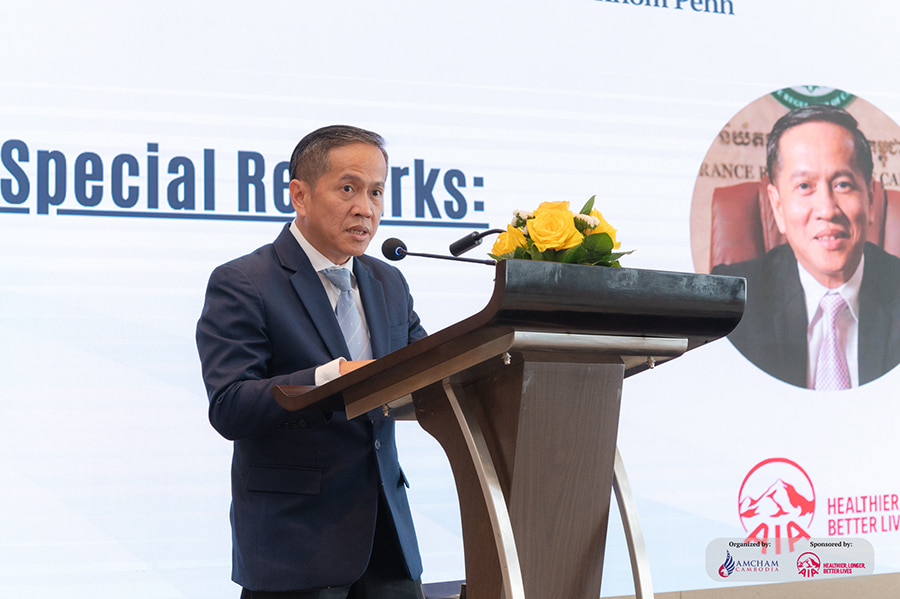 H.E. Bou Chanphirou, Director General of the Insurance Regulator of Cambodia, speaking at AmCham Cambodia's 2024 Bancassurance event