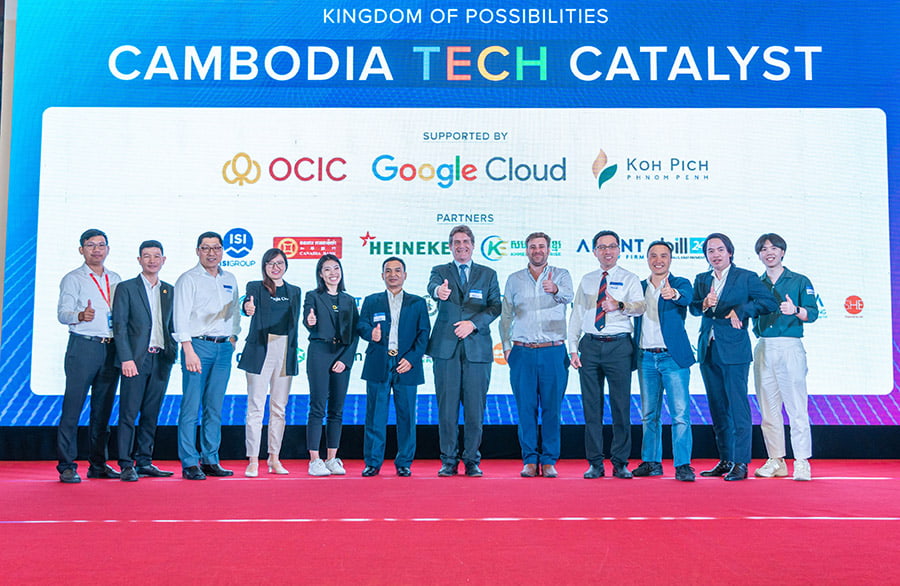 Cambodia Tech Catalyst 2024 - main supporting partners stand on stage